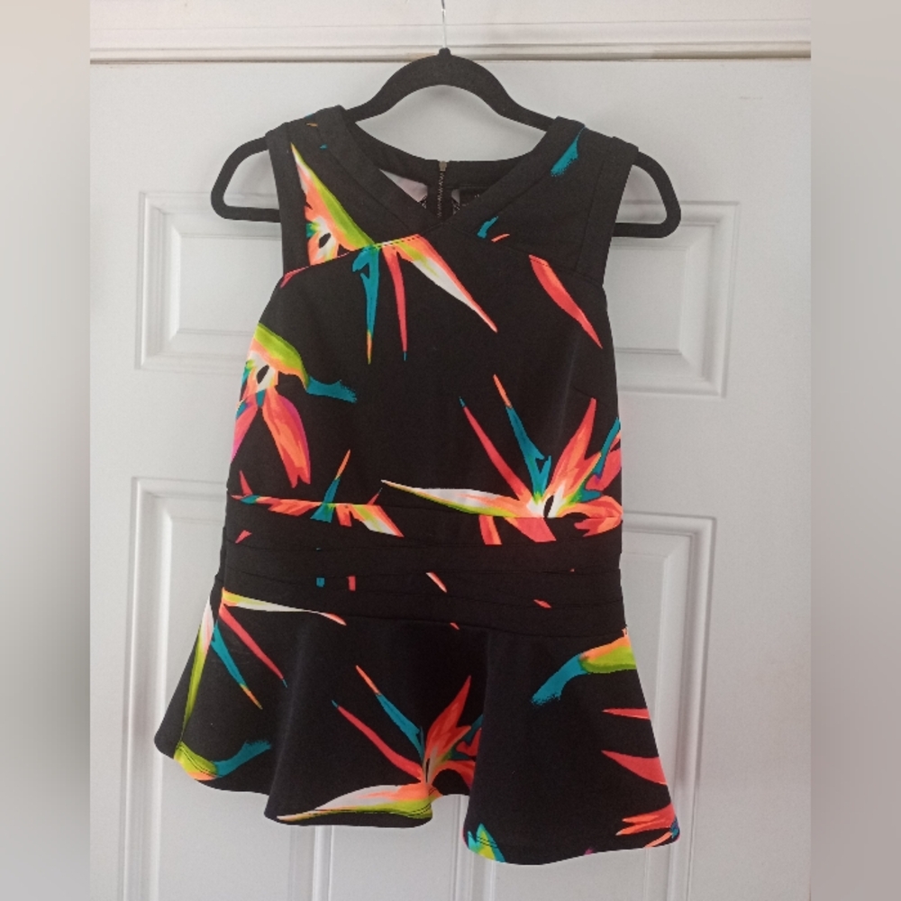 Black Peplum SleevelessTop with Colorful Tropical Print Large